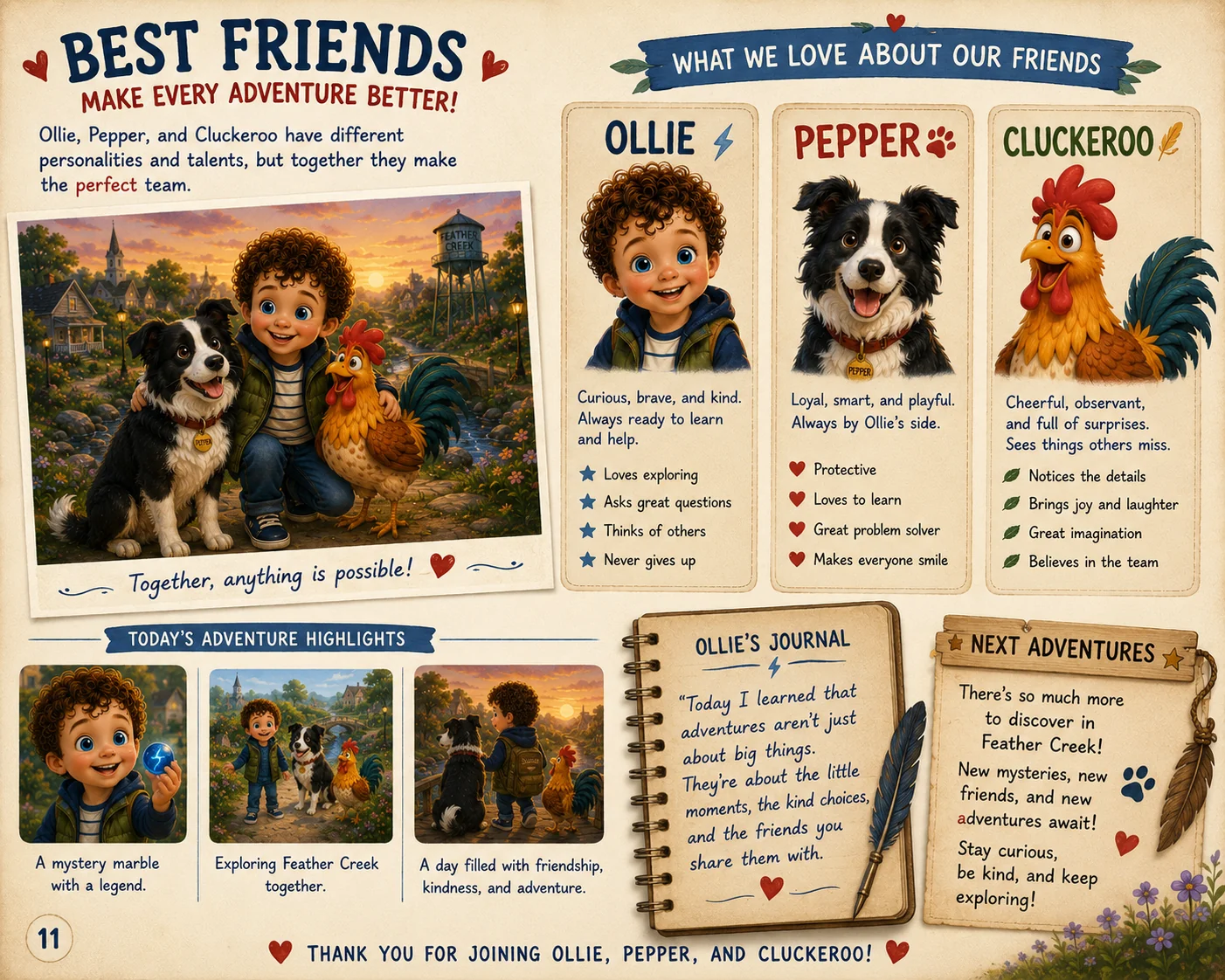 Ollie, Pepper, and Cluckeroo exploring Feather Creek in a children's picture book adventure.