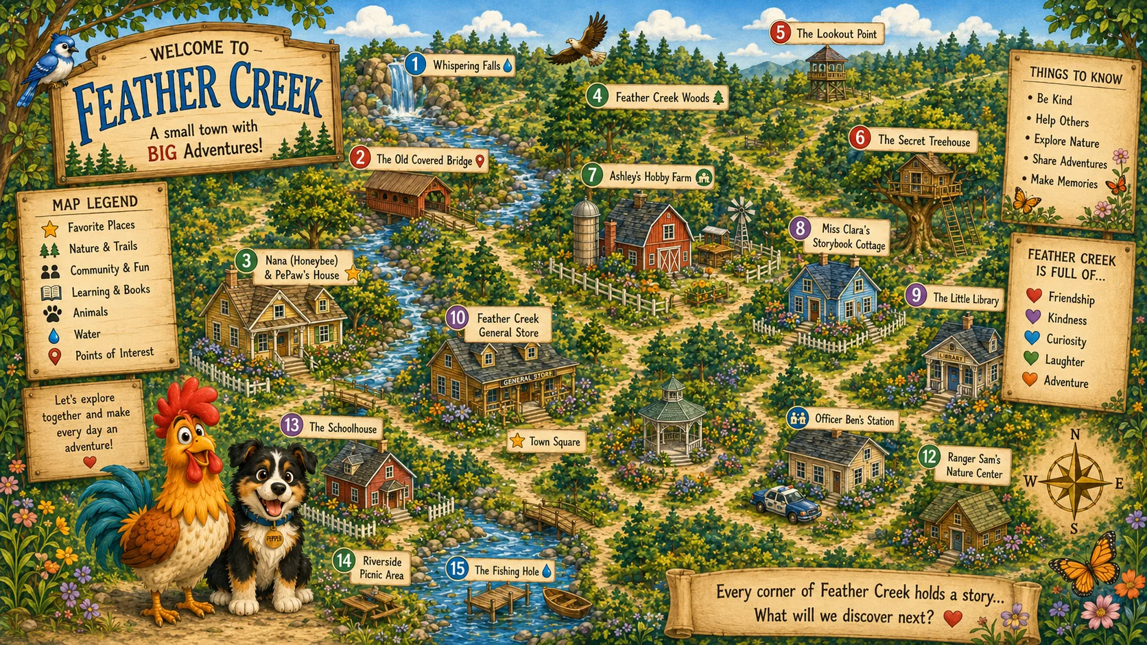Illustrated map of Feather Creek showing Whispering Falls, the Old Covered Bridge, Nana & PePaw's house, the General Store, the Little Library, the Schoolhouse, Officer Ben's Station, and more