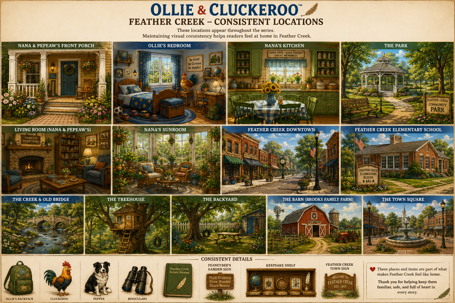The recurring locations of Feather Creek including the porch, library, school, and town square